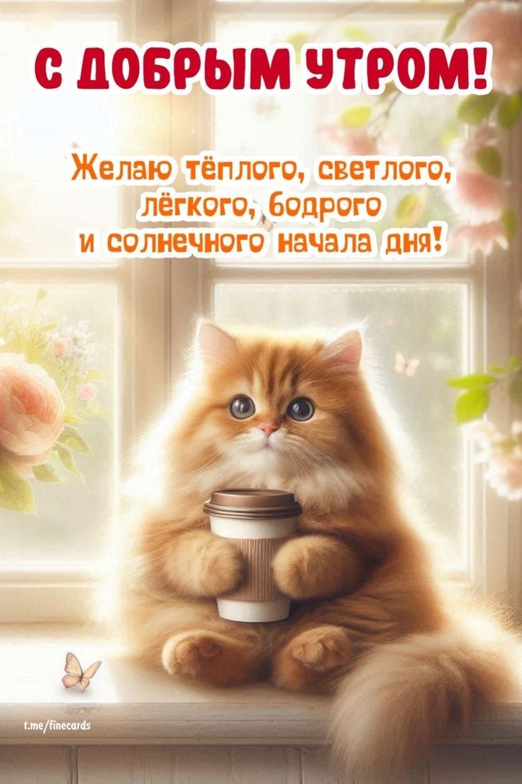 Открытка с добрым утром. Котик с кофе на подоконнике. Открытка с добрым утром. Котик с кофе на подоконнике.