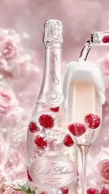 Открытка с днем свадьбы. a bottle of wine and two glasses with raspberries around it on a pink background