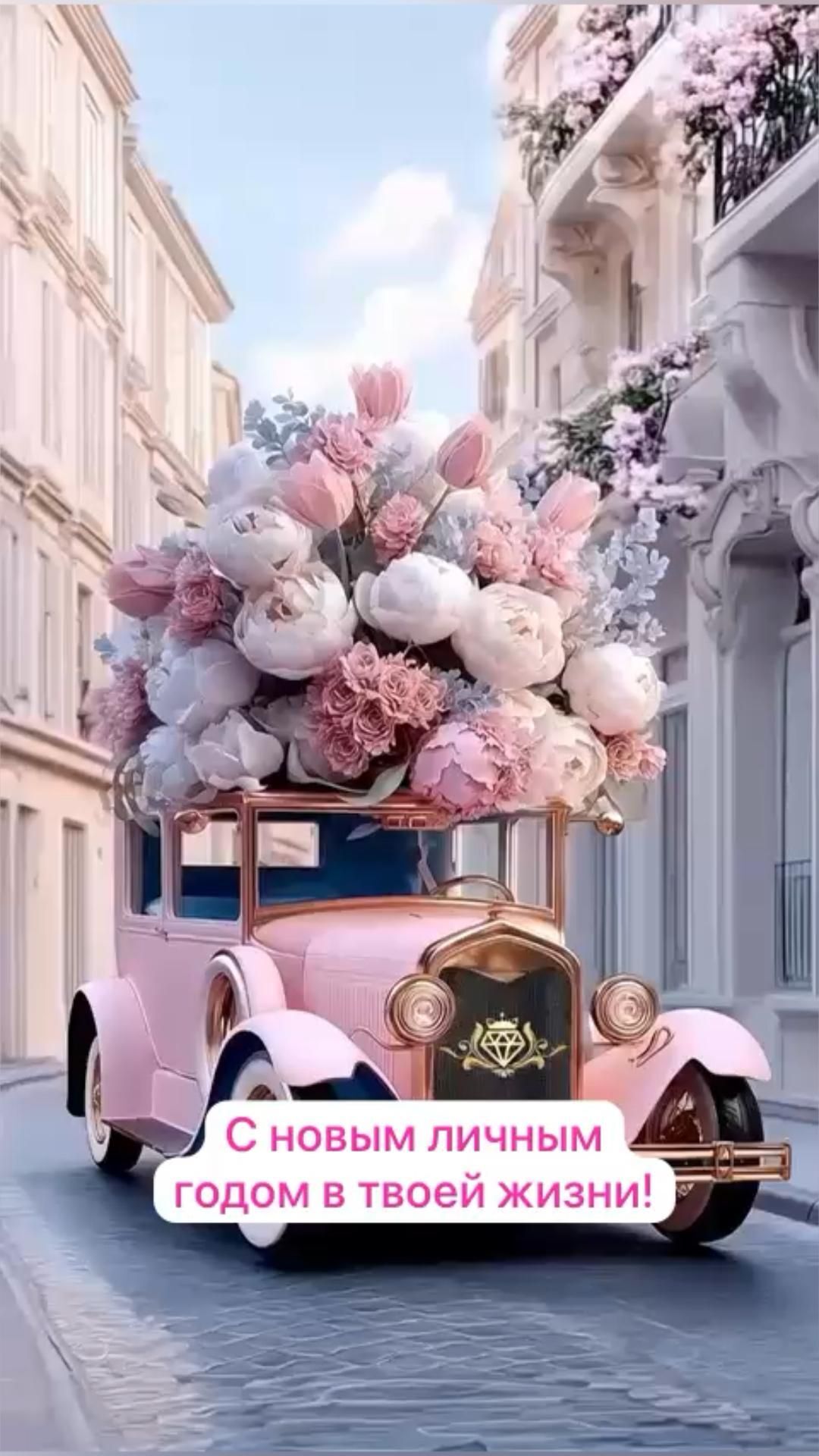 Открытка с днем рождения женщине. День Рождения! 🌸🍧🥳 an old pink car with flowers in the back