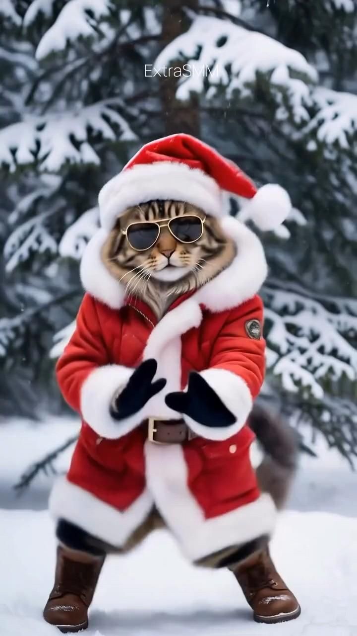 Открытка с Новым годом. a cat dressed up like santa claus in the snow wearing sunglasses and a red coat