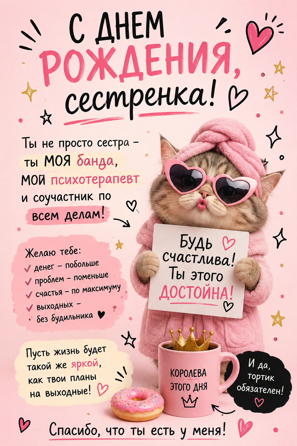 Открытка с днем рождения сестра. с днем рождения сестренка a cat wearing sunglasses and holding a sign in front of it's face while standing next to a donut