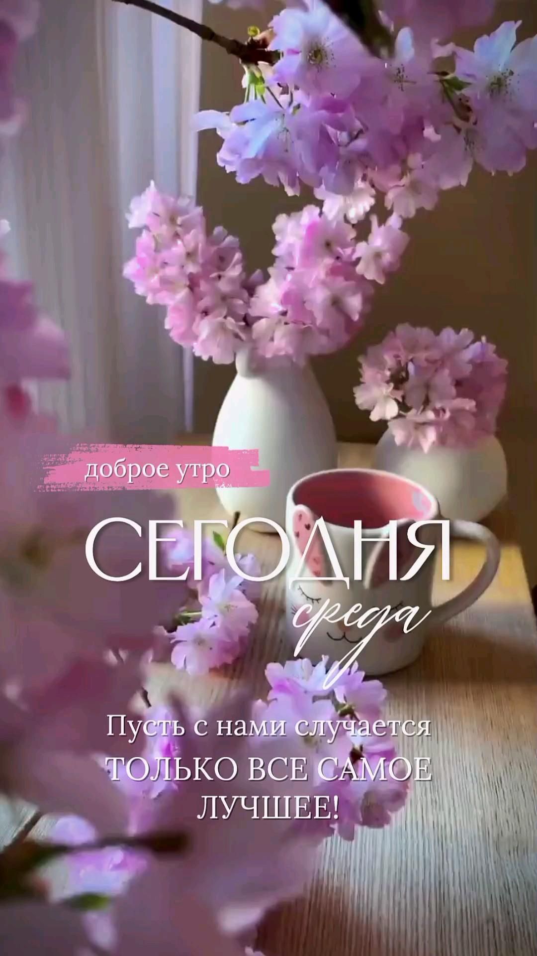 Открытка на среду. доброе утро a vase filled with pink flowers sitting on top of a table next to a cup