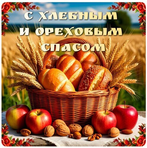 Поздравление с Хлебным и Ореховым Спасом: корзина с хлебом, колосьями, яблоками и орехами на фоне пшеничного поля. Символ урожая и изобилия. Открытка С ореховым спасом Праздничная поздравительная открытка к Хлебному и Ореховому Спасу. На изображении представлена плетеная корзина, наполненная свежим домашним хлебом, золотистыми колосьями пшеницы, спелыми красными яблоками и разнообразными орехами. Композиция украшена осенними цветами и ягодами на фоне солнечного пшеничного поля