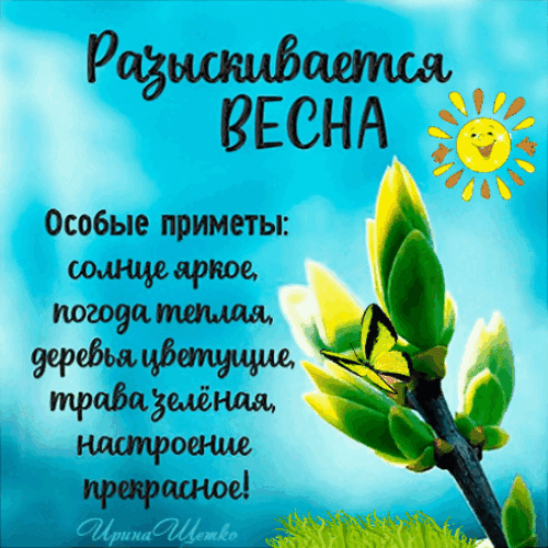 Весенняя открытка с надписью «Разыскивается ВЕСНА» на фоне почек и голубого неба. Вдохновляющая картинка о тепле, солнце и прекрасном настроении прихода весны. Анимированная открытка Разыскивается весна... Красочное весеннее изображение с вдохновляющей цитатой на фоне голубого неба. На картинке изображены молодые зеленые почки на ветке, яркое солнце и бабочка. Текст гласит: «Разыскивается ВЕСНА. Особые приметы: солнце яркое, погода теплая, деревья цветущие, трава зеленая, настроение прекрасное!»