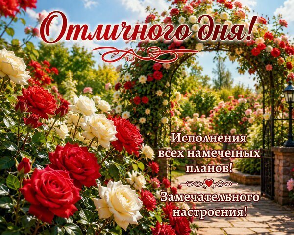 Открытка «Отличного дня!» с красными и белыми розами. Пожелание исполнения планов и отличного настроения для близких и друзей. Открытка Отличного дня Красивая поздравительная открытка с пышными красными и белыми розами в цветущем саду. На изображении начертан вдохновляющий текст на русском языке: «Отличного дня! Исполнения всех намеченных планов! Замечательного настроения!»