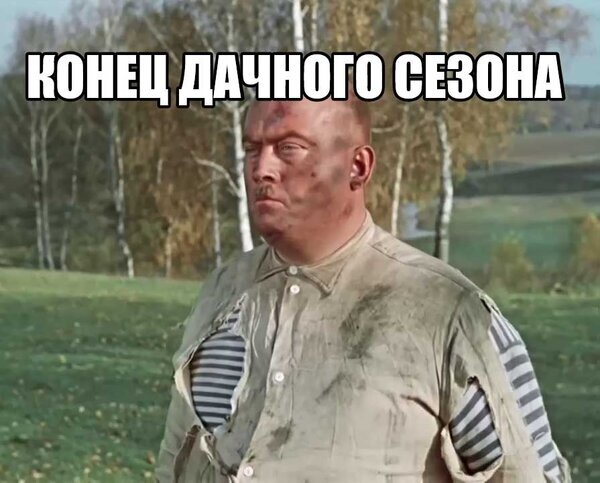 Мем «Конец дачного сезона»: уставший мужчина в грязной одежде. Юмористическая картинка о завершении тяжелого дачного сезона и усталости от работы на земле. Открытка Конец дачного сезона Мем с уставшим мужчиной в грязной одежде и с разбитым лицом на фоне природы с надписью «КОНЕЦ ДАЧНОГО СЕЗОНА». Ироничное изображение, передающее чувство изнеможения, усталости и завершения тяжелого сельскохозяйственного или дачного труда