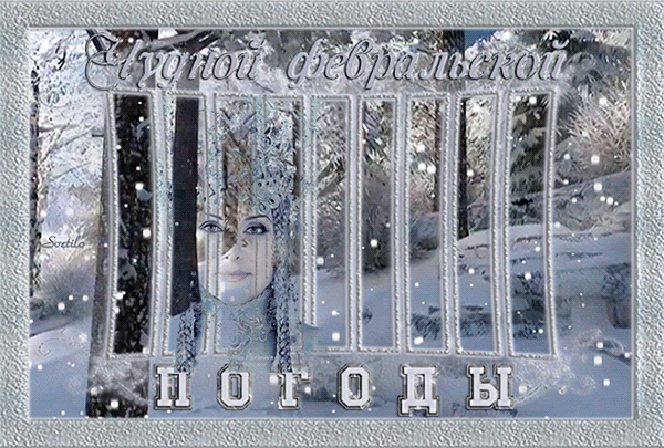 Зимняя открытка «Вкусной февральской погоды» с женским силуэтом на фоне заснеженного леса. Эстетика зимы, иней и серебристые тона. Анимированная открытка Чудной февральской погоды Художественная цифровая открытка в зимней стилистике. На изображении представлен силуэт женского лица, интегрированный в пейзаж заснеженного леса через декоративные вертикальные полосы. На переднем плане расположена надпись стилизованным шрифтом: «Вкусной февральской погоды»