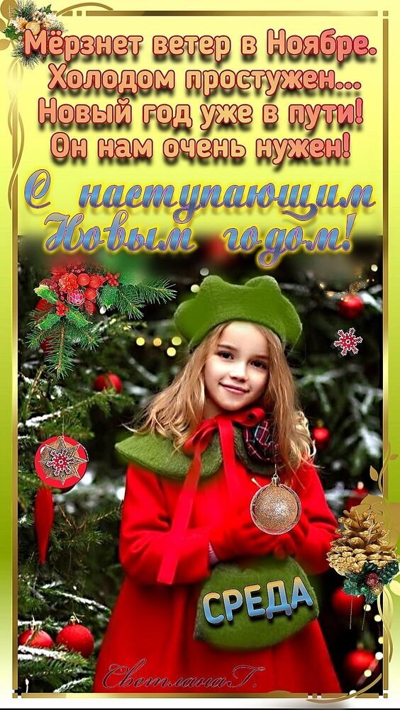 Красивая открытка с пожеланием Нового года: девочка в красном на фоне елки и текст о приближении праздника в холодном ноябре. Открытка Среда. Мерзнет ветер в ноябре, Новый год уже в пути, он нам очень нужен! Праздничная открытка с теплым пожеланием наступающего Нового года. На изображении милая девочка в красном пальто и зеленой шапке на фоне украшенной новогодней елки. На картинке размещен поэтичный текст о том, что, несмотря на холодный ноябрьский ветер, Новый год уже в пути и он нам очень нужен