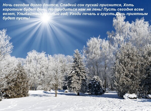 Зимний пейзаж с ярким солнцем, заснеженными деревьями и добрым пожеланием хорошего дня. Красивая открытка для создания позитивного настроения. Открытка Ночь сегодня долго длится, Сладкий сон пускай приснится, Хоть коротким будет день, Но трудиться нам Красивый зимний пейзаж с заснеженными деревьями и ярко сияющим солнцем. На фоне зимнего леса наложен текст с добрым пожеланием хорошего дня и сладких снов. Изображение передает атмосферу морозного солнечного утра и вдохновляющее настроение