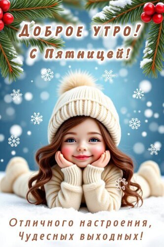 Зимняя открытка «Доброе утро! С пятницей!». Милая девочка в шапке на фоне снега и еловых веток. Пожелание отличного настроения и чудесных выходных! Открытка Доброе утро! С Пятницей! Отличного настроения, чудесных выходных! Красивая поздравительная открытка с надписью «Доброе утро! С пятницей!» на зимний тематический фон. На изображении милая девочка в теплой вязаной шапке и свитере лежит на снегу, улыбаясь. Вокруг падают снежинки и видны ветки ели с красными ягодами. Внизу добавлена надпись: «Отличного настроения, чудесных выходных!»