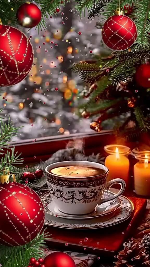 Открытка с Новым годом. #доброе_утро a cup of coffee on a saucer next to christmas decorations and candles in front of a window