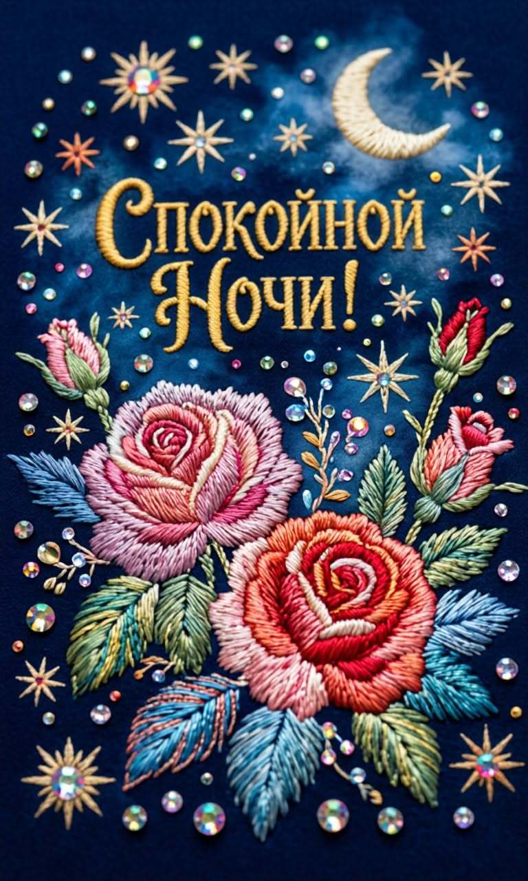 Открытка спокойной ночи. an embroidered greeting card with roses and stars on the front, in gold lettering that reads russian Открытка спокойной ночи. an embroidered greeting card with roses and stars on the front, in gold lettering that reads russian