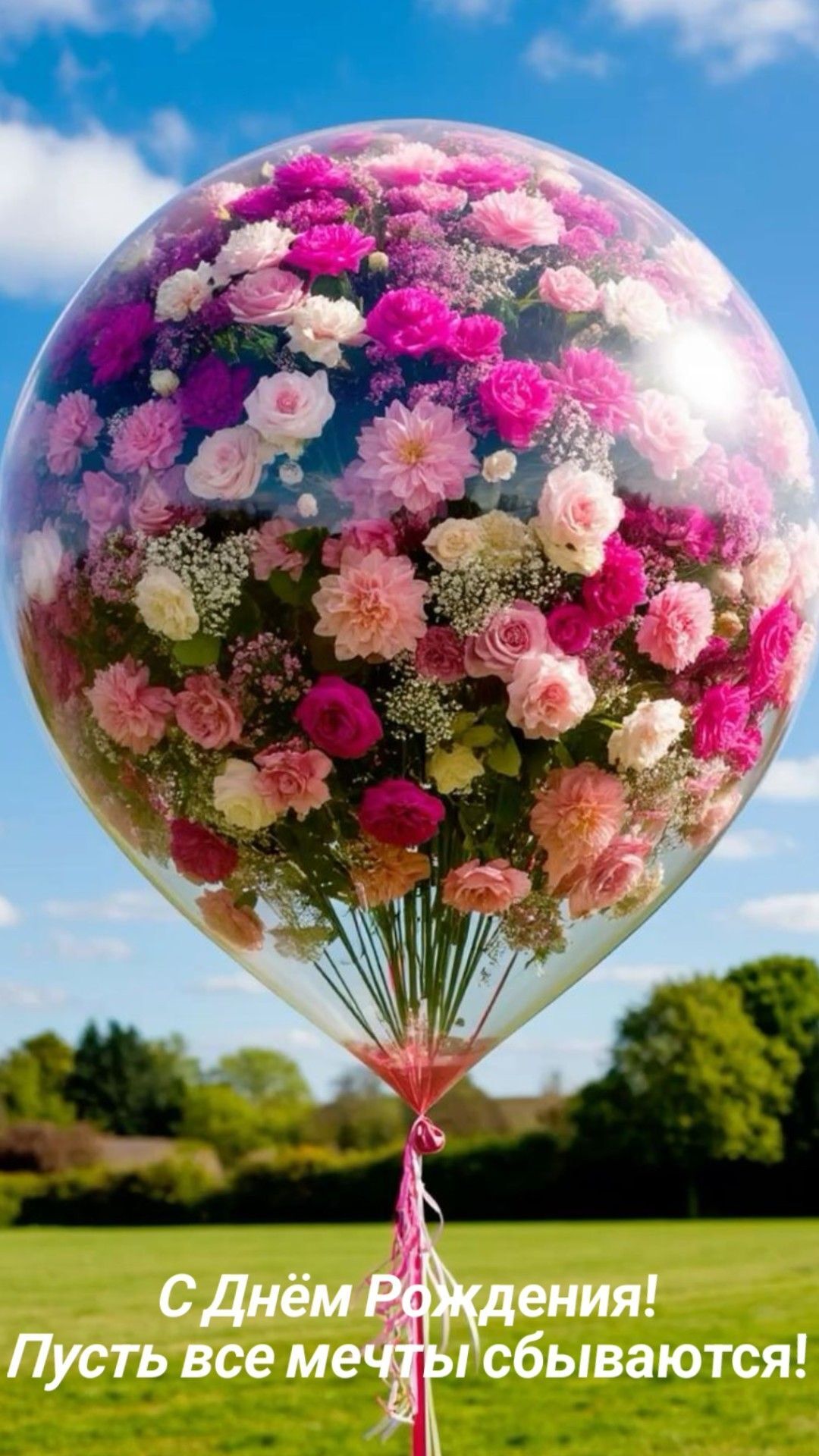 Открытка с днем рождения женщине. С ДР a large balloon filled with lots of pink and white flowers on top of a lush green field