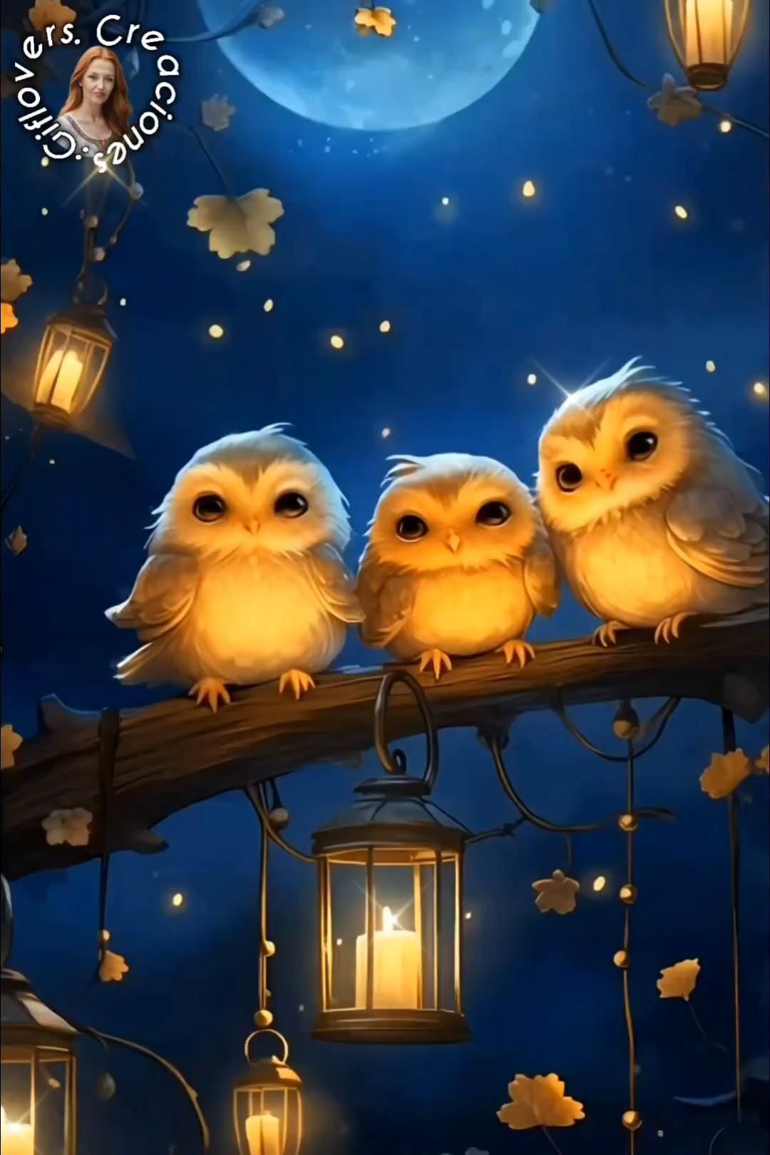Открытка спокойной ночи. buenas noches giflovers three owls are sitting on a branch with lantern lights in the night sky above them Открытка спокойной ночи. buenas noches giflovers three owls are sitting on a branch with lantern lights in the night sky above them