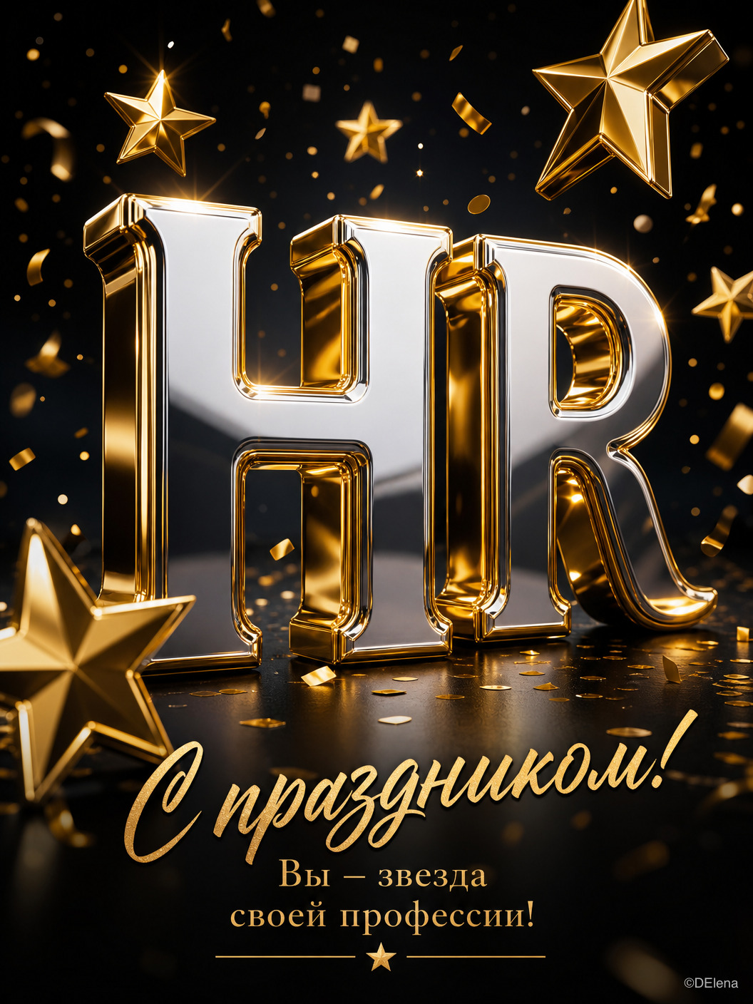 Открытка с днем рождения коллега HR. Для кадрового работника. gold stars and the word hrr on a black background with golden confetti