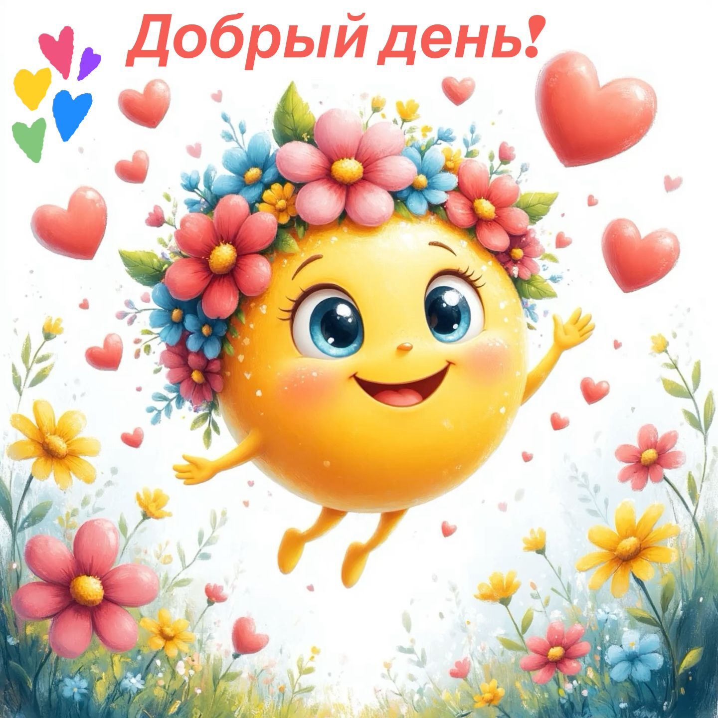 Открытка хорошего дня и настроения. Смайлик летит с цветами и сердечками.