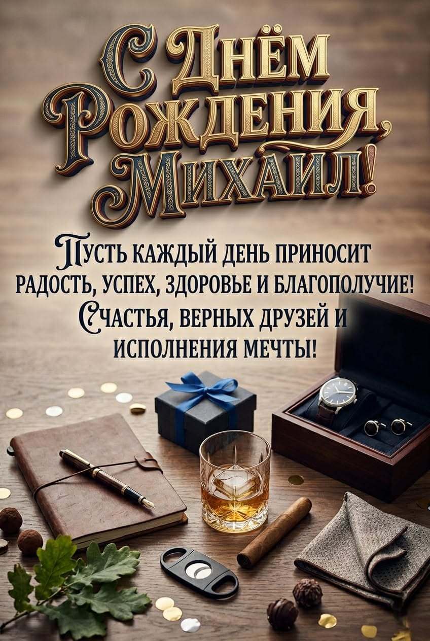 Открытка с днем рождения Михаил Миша. с днем рождения Михаил an advertisement for a whiskey company with items on the table and confetti around it