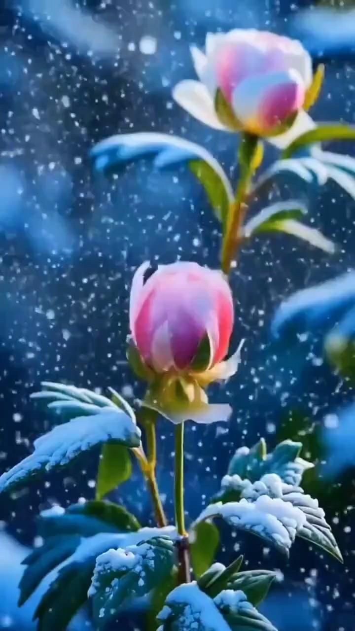 Открытка на Зиму. Доброе утро 💐💐💐 two pink roses with green leaves in the snow