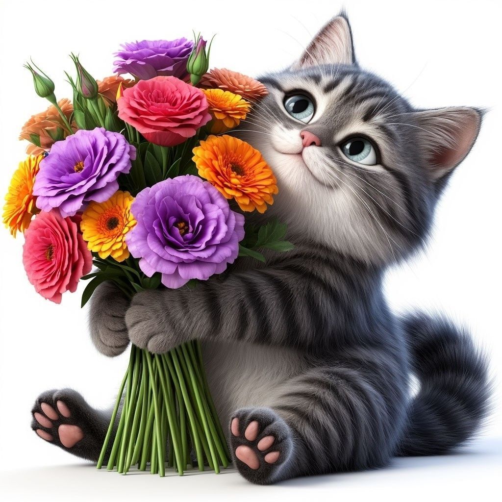 Открытка с днем рождения. a cat holding a bouquet of flowers with its paws on it's face and looking at the camera