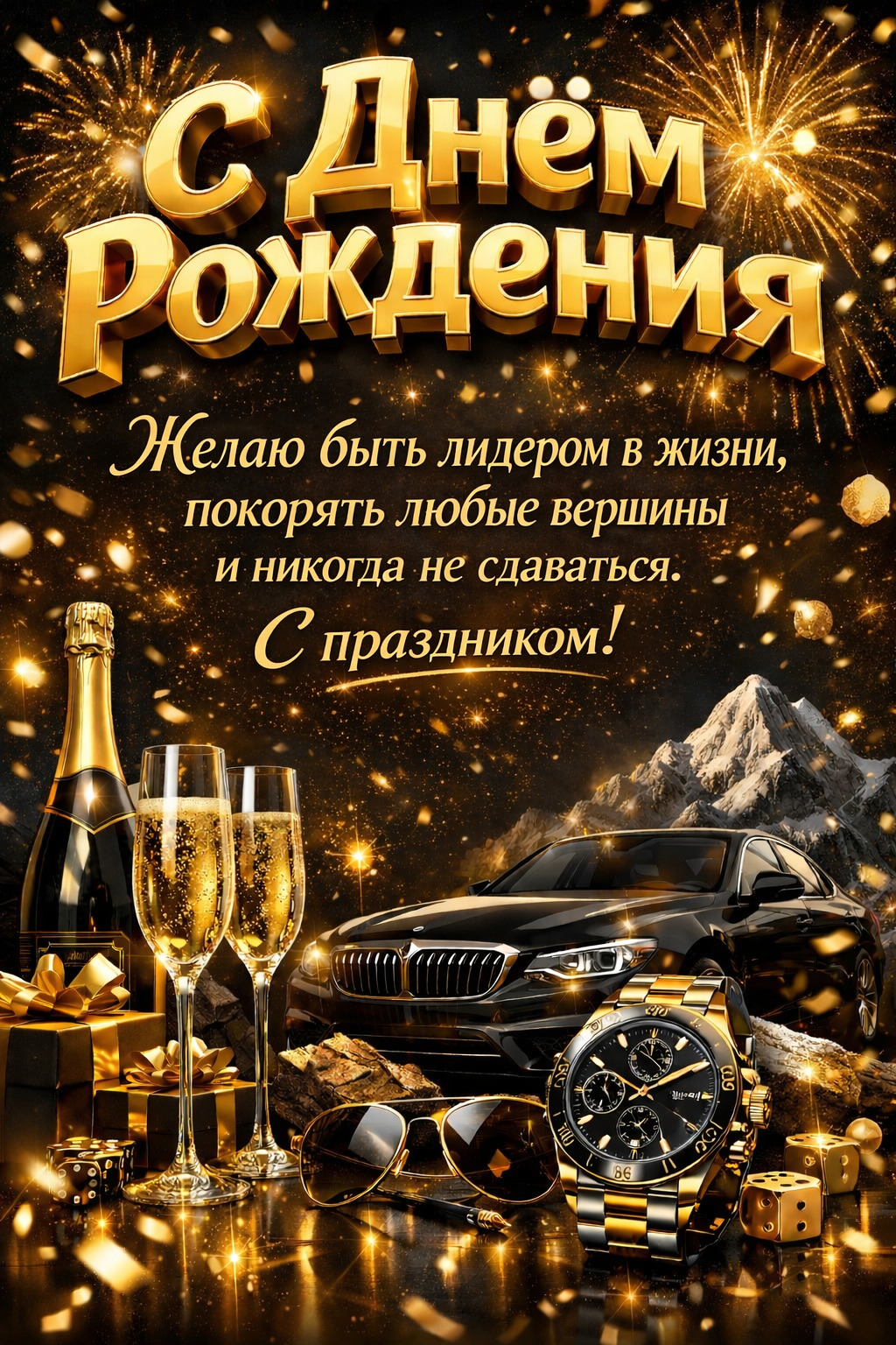 Открытка с днем рождения мужчине. Шампанское, автомобиль. Пожелание быть лидером.