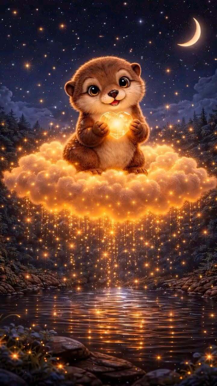 Открытка спокойной ночи. a painting of a little racoon sitting on top of a cloud in the sky