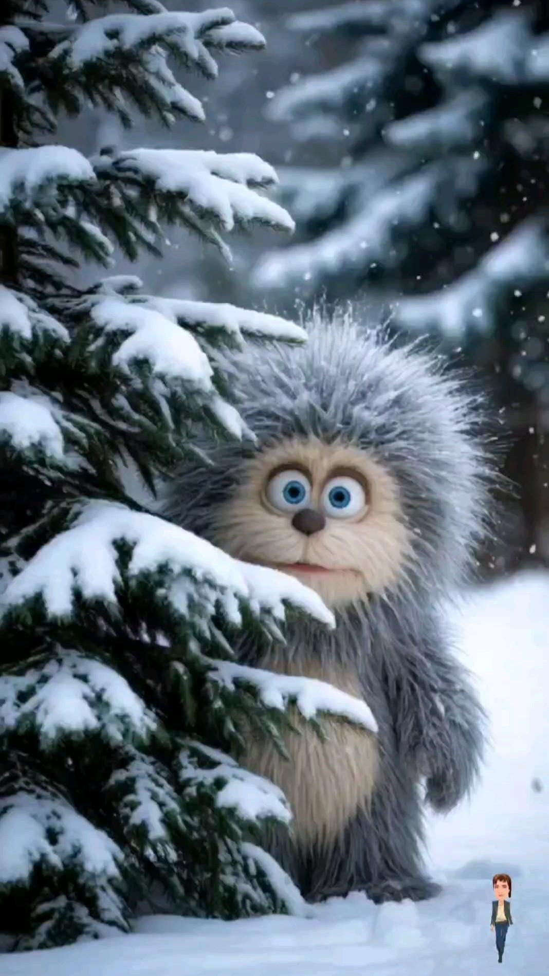 Открытка на Зиму. Доброе утро!!! a cartoon character is peeking out from behind a snowy pine tree with snow falling on it