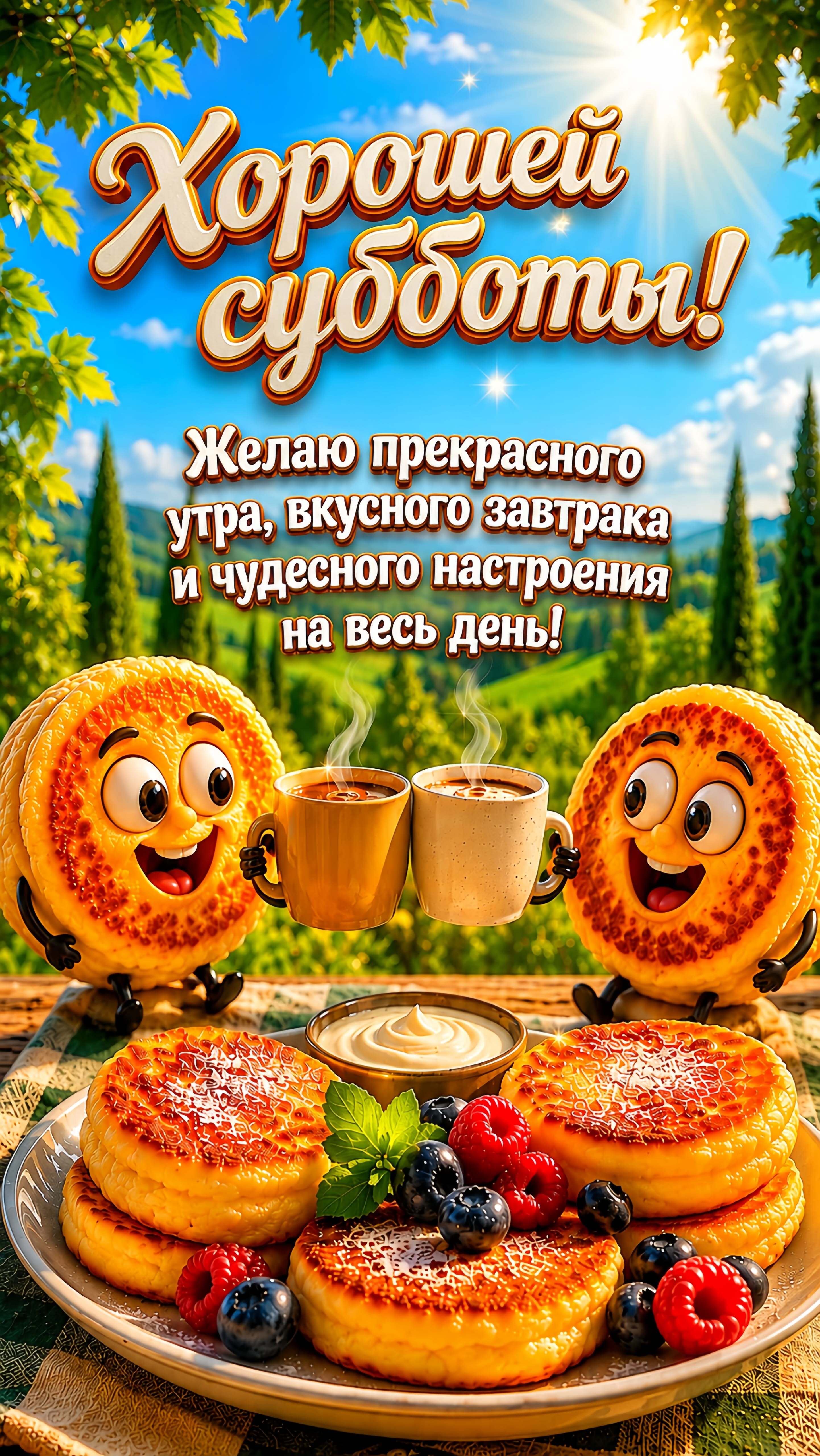 Открытка на субботу. Блинчики-смайлики чокаются чашками с кофе.