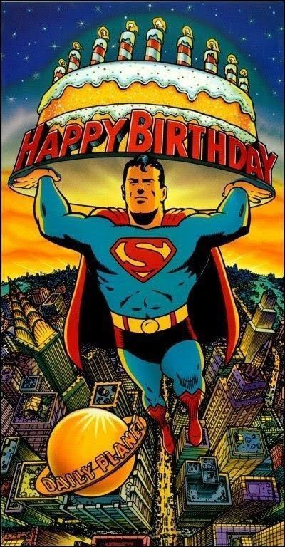 Открытка с днем рождения. a superman birthday card with the words happy birthday on it and an image of a man holding