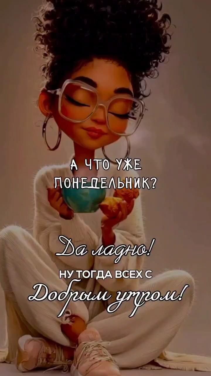 Открытка на понедельник. Доброе утро ☕☕☕ a woman sitting on the floor with her eyes closed and holding a cup in front of her face