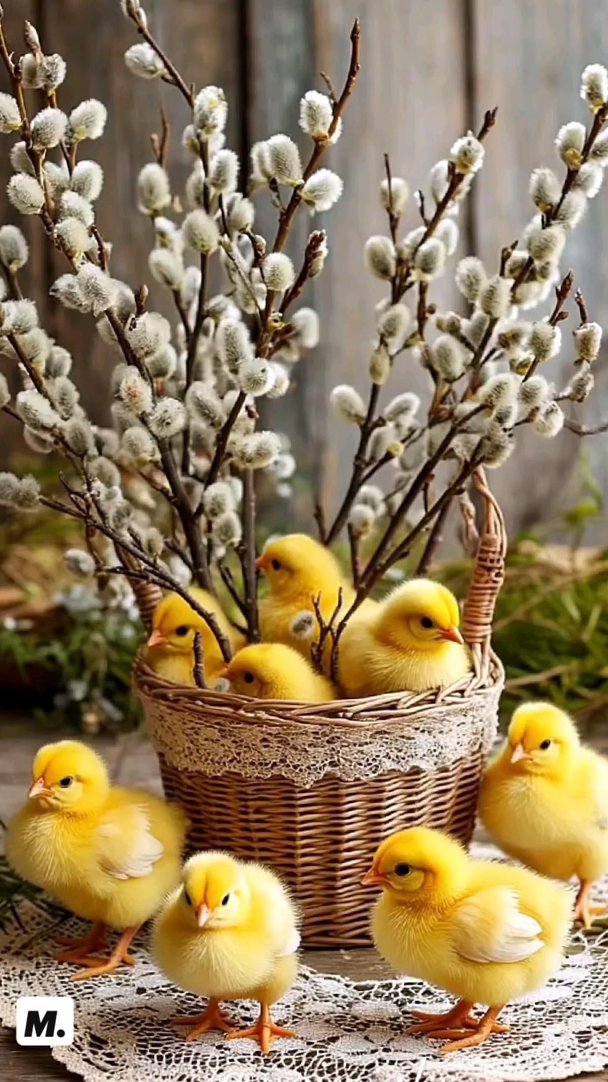Открытка с Вербным Воскресеньем. 🤍🧆💐☆:**:. .:**:.☆ a basket filled with little yellow chicks next to white flowers