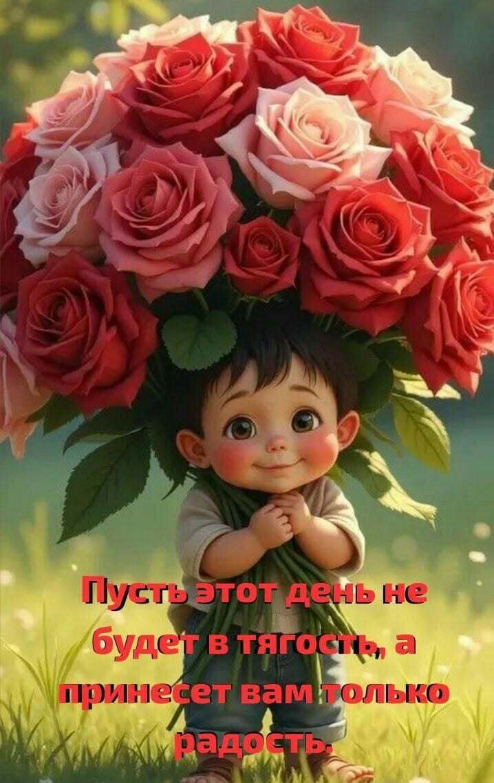 Открытка хорошего дня и настроения. Мальчик с розами.