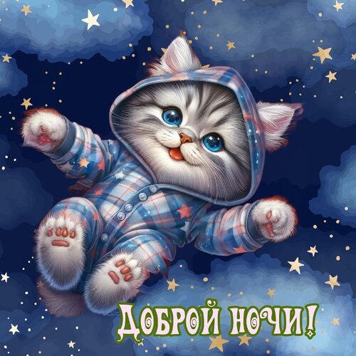 Милый котенок в синем комбинезоне среди звезд и облаков. Красивая открытка с надписью «Доброй ночи!» для пожеланий приятных снов в мессенджерах и соцсетях. Открытка Доброй ночи Милая и очаровательная цифровая иллюстрация с пушистым котенком в синем клетчатом комбинезоне с капюшоном, парящим среди звездного ночного неба и пушистых облаков. Котенок выглядит очень радостным, с большими голубыми глазами и высунутым язычком. В нижней части изображения крупная светящаяся надпись на русском языке «ДОБРОЙ НОЧИ!». Идеально подходит для использования в качестве поздравительной открытки, доброго пожелания на ночь в социальных сетях (WhatsApp, Telegram, Viber) или в качестве милой заставки на телефон Милый котенок в синем комбинезоне среди звезд и облаков. Красивая открытка с надписью «Доброй ночи!» для пожеланий приятных снов в мессенджерах и соцсетях. Открытка Доброй ночи Милая и очаровательная цифровая иллюстрация с пушистым котенком в синем клетчатом комбинезоне с капюшоном, парящим среди звездного ночного неба и пушистых облаков. Котенок выглядит очень радостным, с большими голубыми глазами и высунутым язычком. В нижней части изображения крупная светящаяся надпись на русском языке «ДОБРОЙ НОЧИ!». Идеально подходит для использования в качестве поздравительной открытки, доброго пожелания на ночь в социальных сетях (WhatsApp, Telegram, Viber) или в качестве милой заставки на телефон