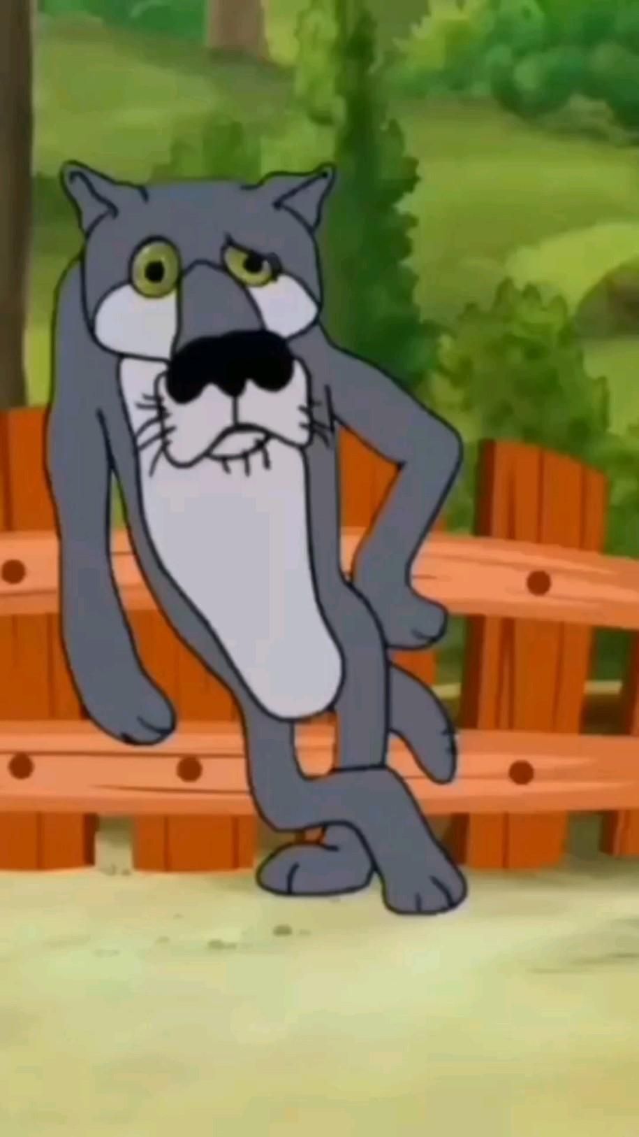 Открытка хорошего дня и настроения. от Волка😉 an animated cat standing on its hind legs in front of a park bench with trees