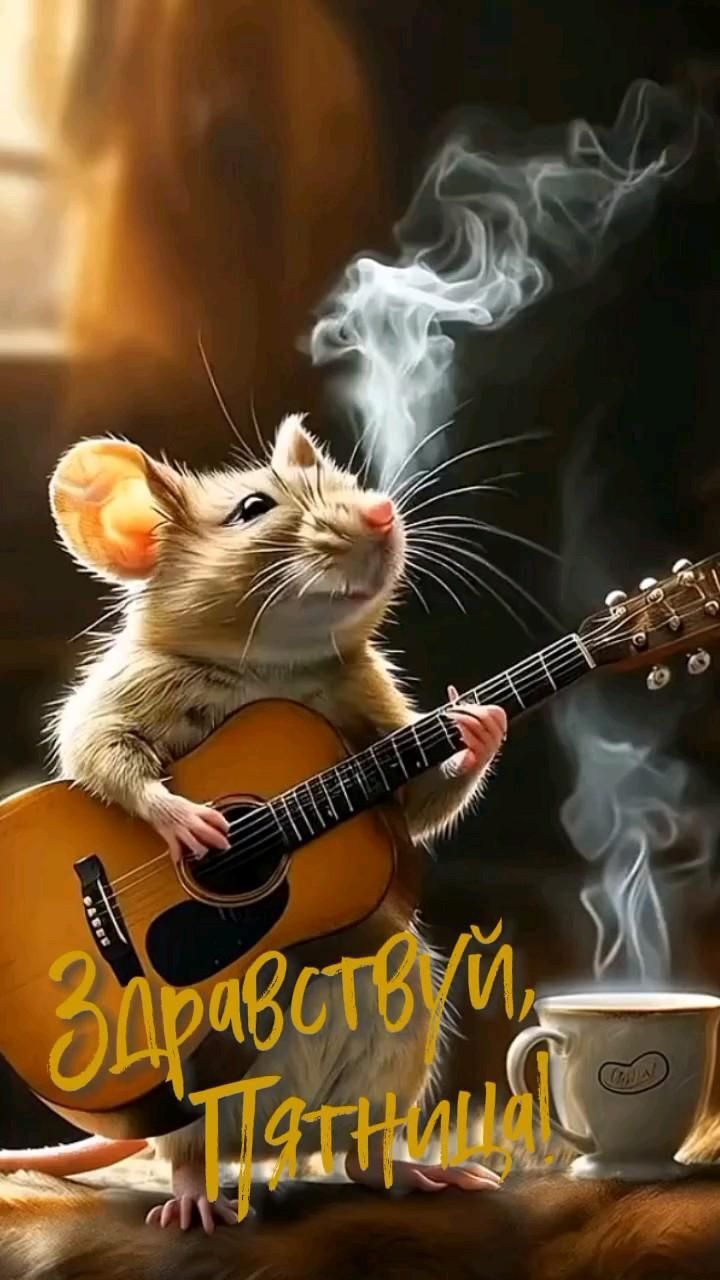 Открытка на пятницу. с Пятницей. Мышь играет на гитаре.