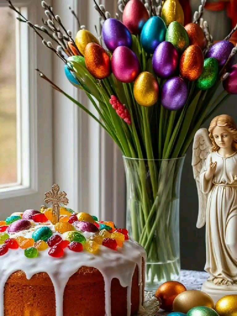 Открытка на Пасху. a cake with icing and decorations next to a vase filled with eggs Открытка на Пасху. a cake with icing and decorations next to a vase filled with eggs