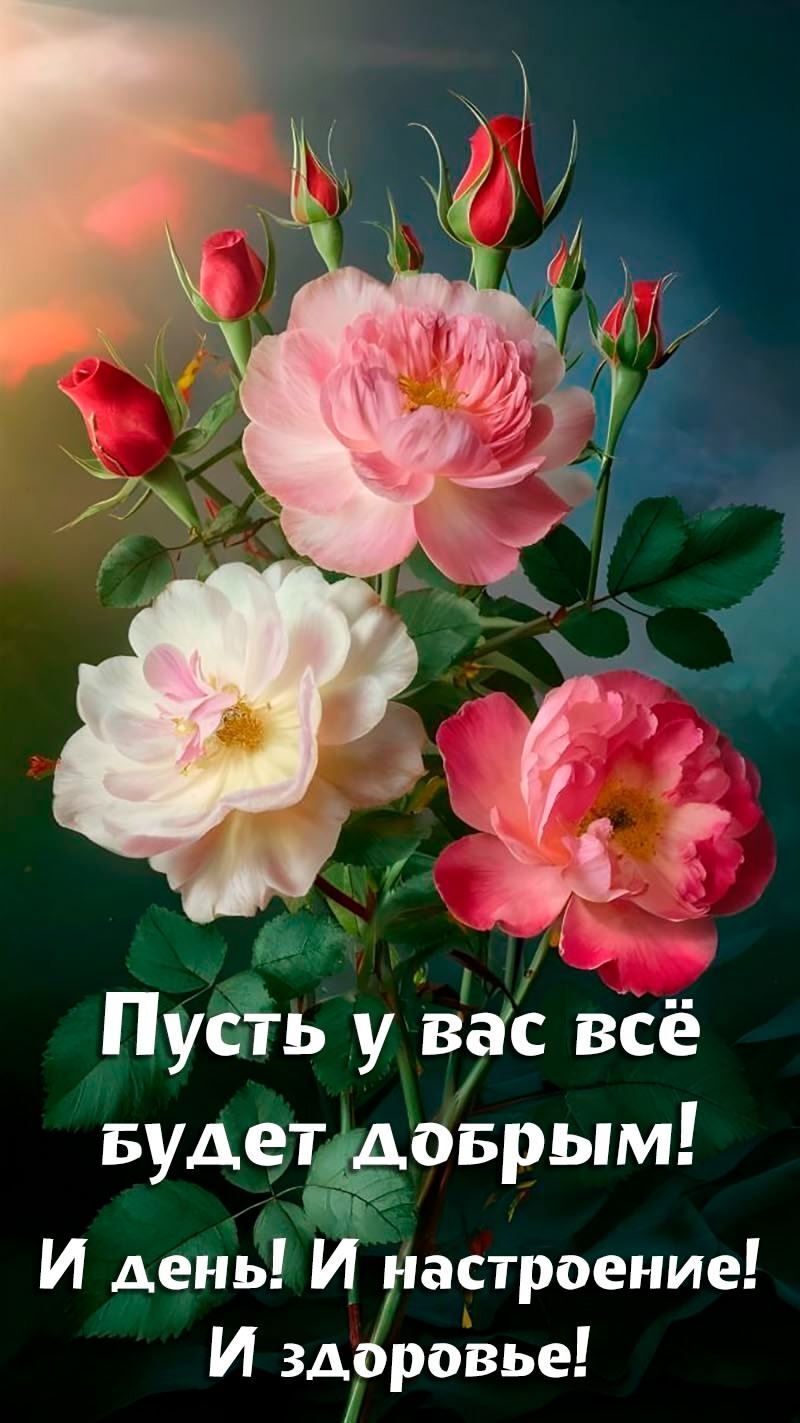 Открытка хорошего дня и настроения. a bouquet of roses with the words happy birthday in russian and english on a dark background