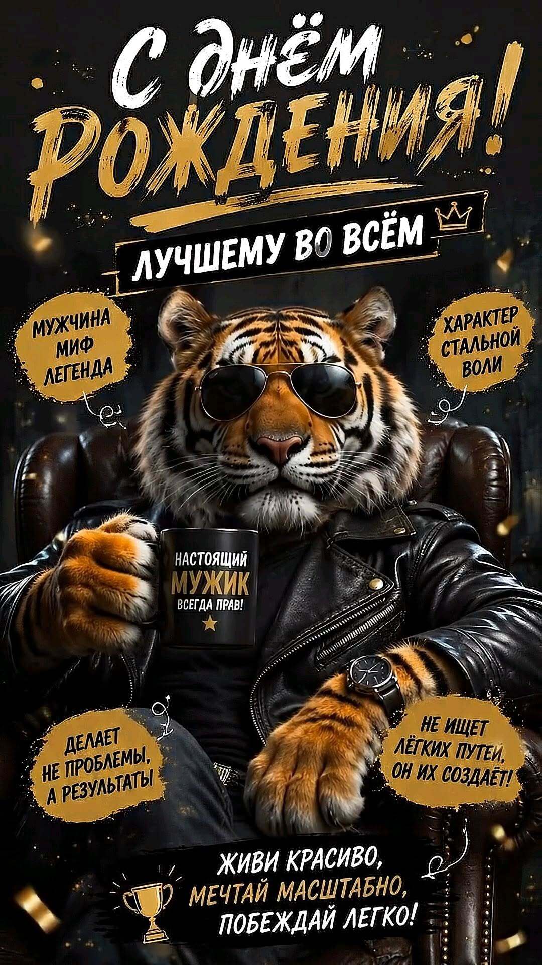 Открытка с днем рождения мужчине. a poster with an image of a tiger on it's face and the words, russian
