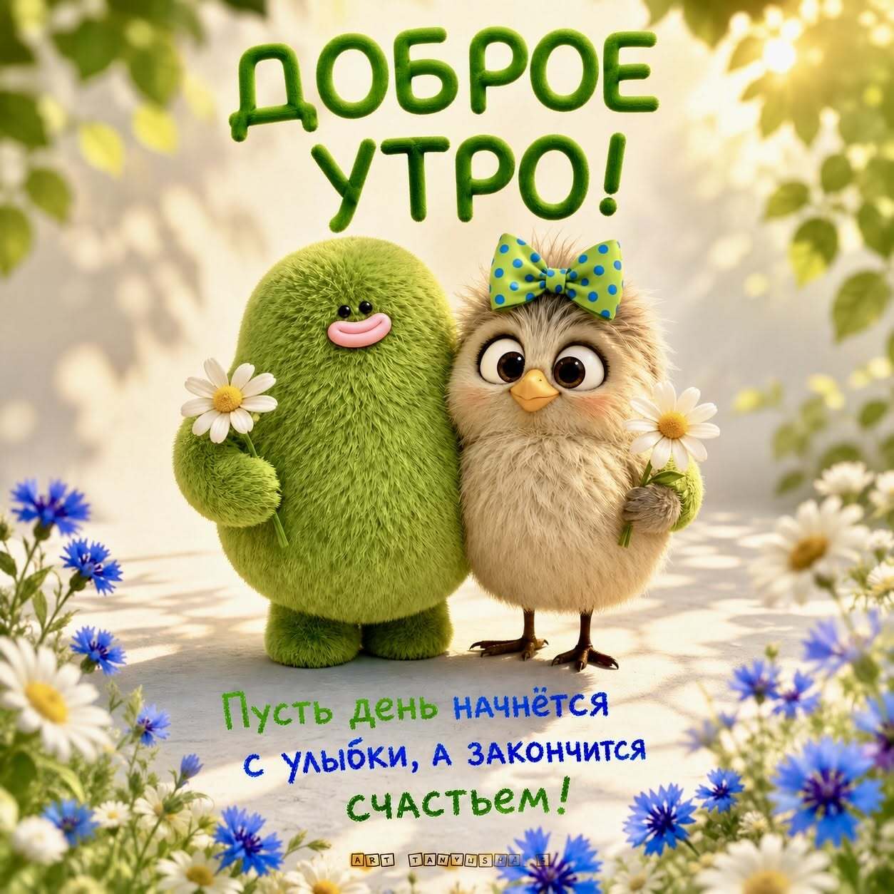 Открытка с добрым утром. Пусть день начнется с улыбки, а закончится счастьем! Открытка с добрым утром. Пусть день начнется с улыбки, а закончится счастьем!