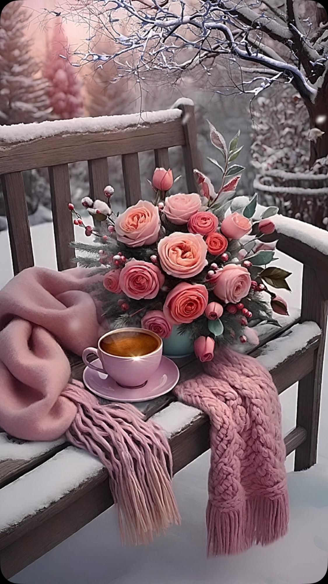Открытка на Зиму. Same place, same day..With love.🌸☕️Follow me 👉🏻@beautifulGifs #nature #coffee #loveyou #goodmorning #day #love #travelgram #cafe #dans #instagood #slowliving #beautiful #goodvibes #instagram #insta #goodmorning #journey #werbleapp #music #werble #photographer  a bouquet of roses and a cup of coffee on a bench in the snow with a blanket