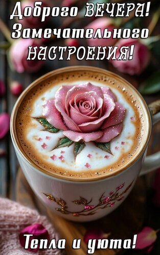 Открытка «Доброго вечера!» с чашкой кофе и розой из пенки. Пожелание тепла, уюта и замечательного настроения для близких и друзей. Открытка Добрый вечер Красивая поздравительная открытка с чашкой ароматного капучино, на пенке которого искусно выложен розовый цветок розы из молока. На изображении надпись на русском языке: «Доброго вечера! Замечательного настроения! Тепла и уюта!»