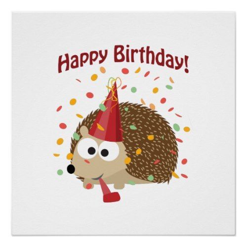 Открытка с днем рождения ребенку. Confetti Happy Birthday Hedgehog Poster a party time card with a hedge wearing a party hat Открытка с днем рождения ребенку. Confetti Happy Birthday Hedgehog Poster a party time card with a hedge wearing a party hat