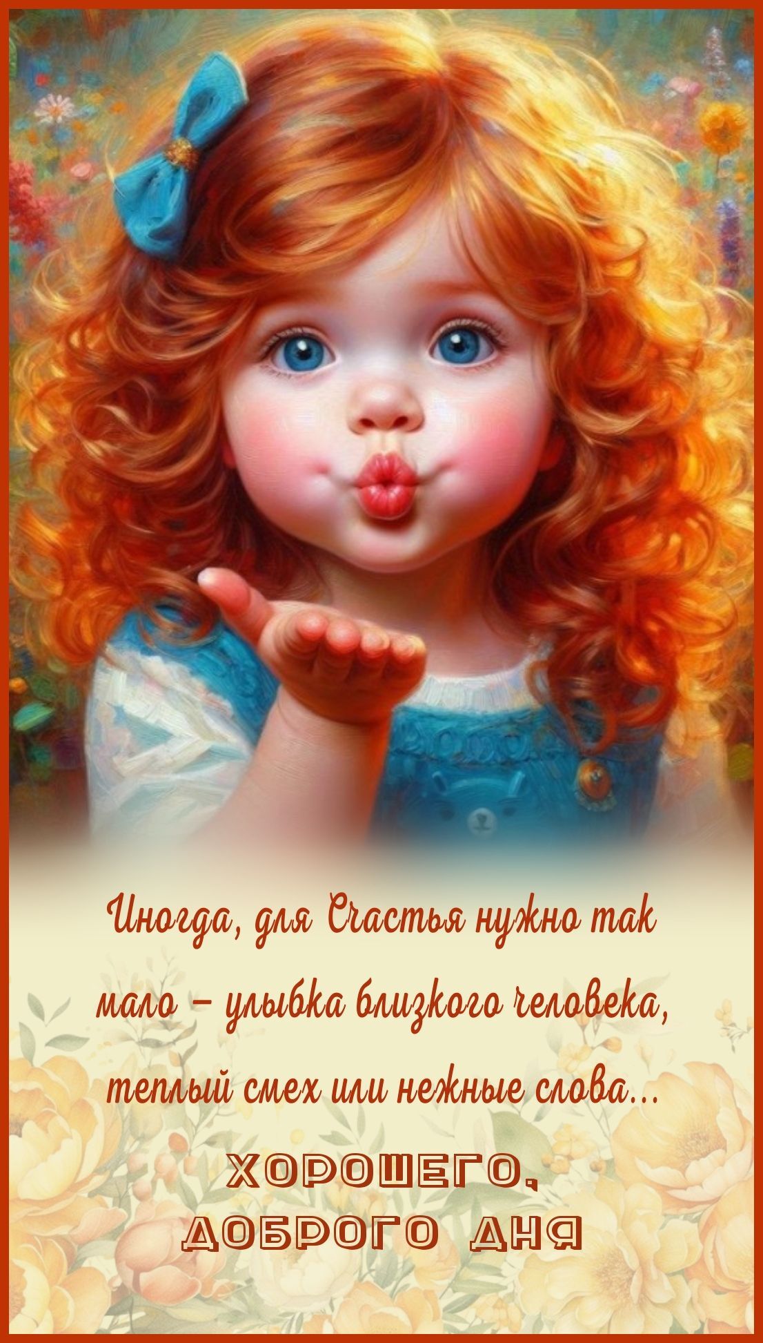 Открытка хорошего дня и настроения. Рыжая девочка шлет поцелуй.