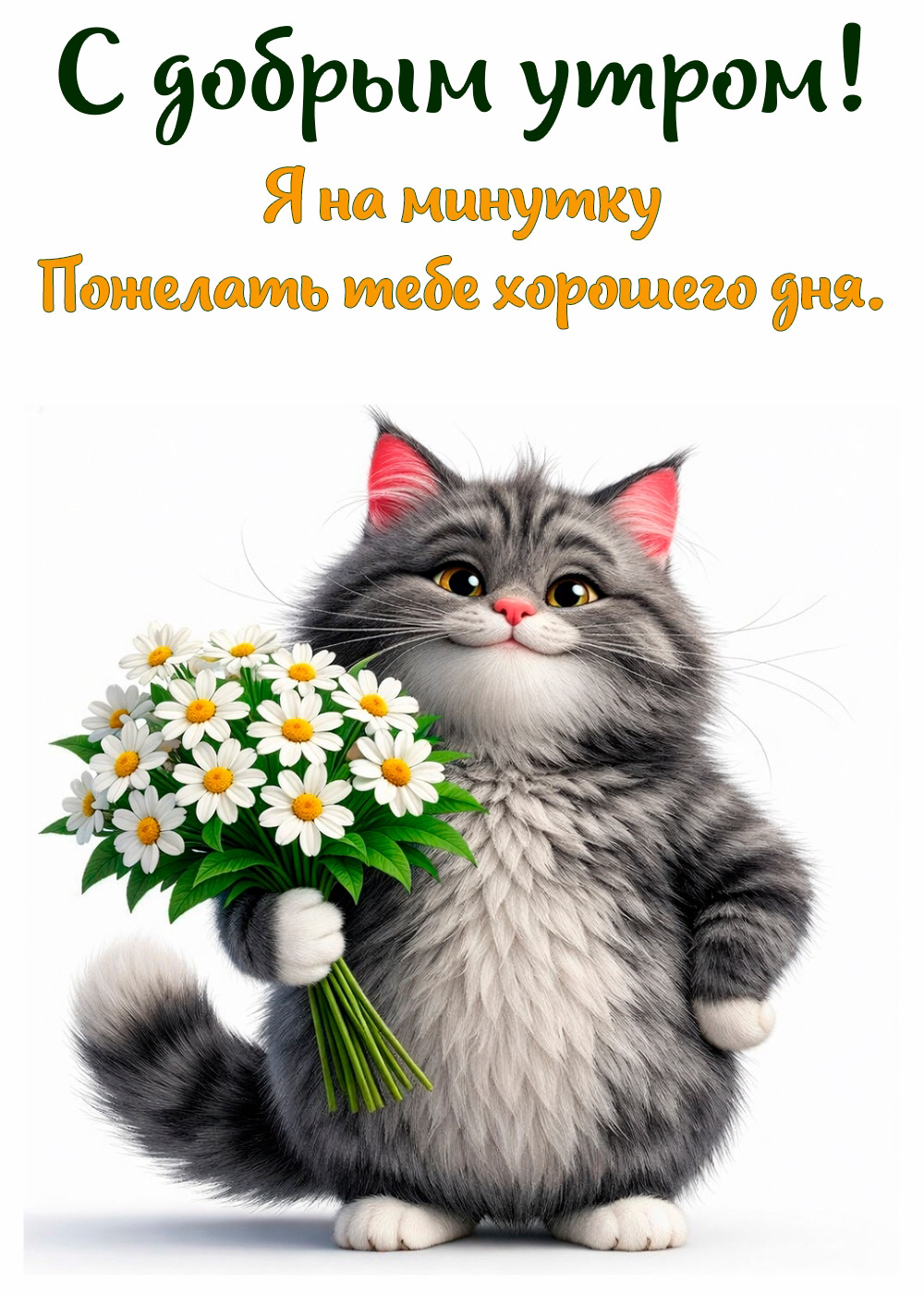 Открытка с добрым утром. Кот с букетом ромашек. Открытка с добрым утром. Кот с букетом ромашек.