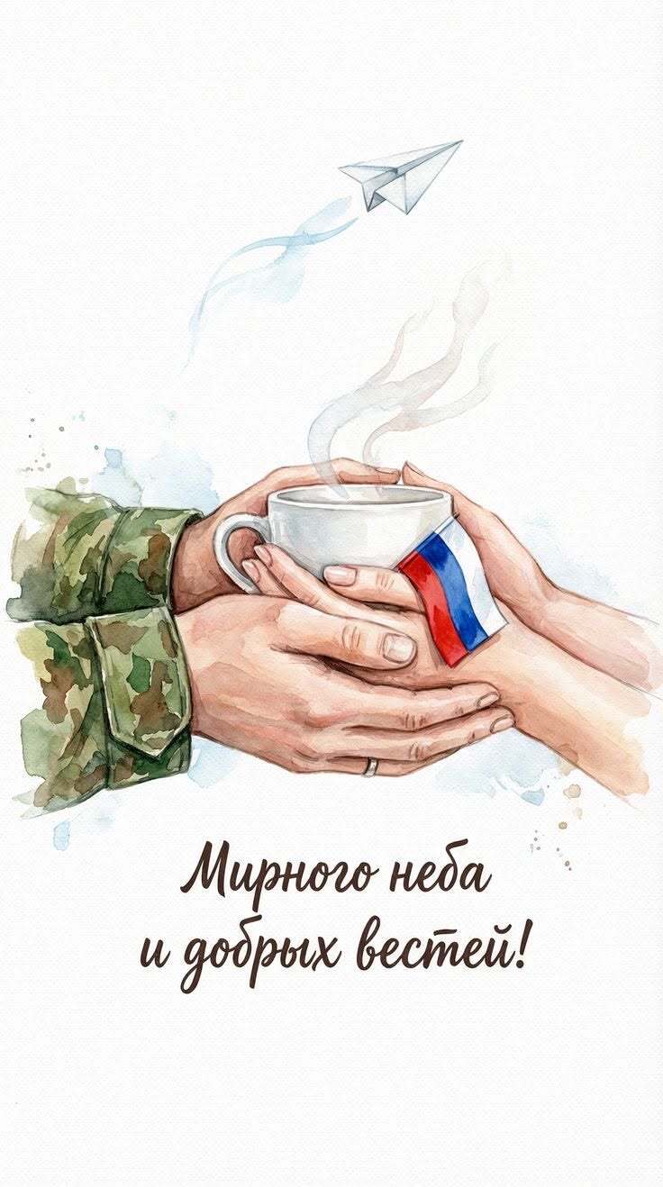 Открытка хорошего дня и настроения. Мирного неба и добрых вестей! Флаг РФ в руках военного и девушки.