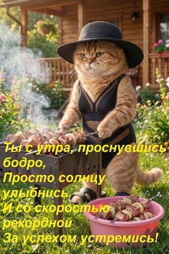 Рыжий кот в шляпе и купальнике жарит шашлык на даче. Мотивирующая открытка с пожеланием доброго утра и успеха на русском языке. Открытка Ты с утра, проснувшись бодро, Просто солнцу улыбнись. И со скоростью рекордной За успехом устремись! Забавное и позитивное изображение с рыжим котом в летнем образе: на нем черная шляпа и купальник. Кот стоит у мангала на фоне уютного дачного дома и занимается приготовлением шашлыка. На картинке наложен мотивирующий текст на русском языке о бодром утре и стремлении к успеху