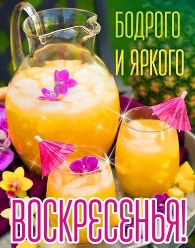 Яркое и освежающее изображение с соком, льдом и цветами. Пожелание «Бодрого и яркого воскресенья!» для праздничного настроения и летних открыток. Открытка Бодрого и яркого Воскресенья! Аппетитный и освежающий летний напиток в стеклянном кувшине с кусочками льда и экзотическими цветами орхидеи. На изображении представлены два бокала с оранжевым соком или коктейлем, украшенными розовыми зонтиками. Яркая композиция с ананасом на фоне создает атмосферу праздника и солнечного настроения
