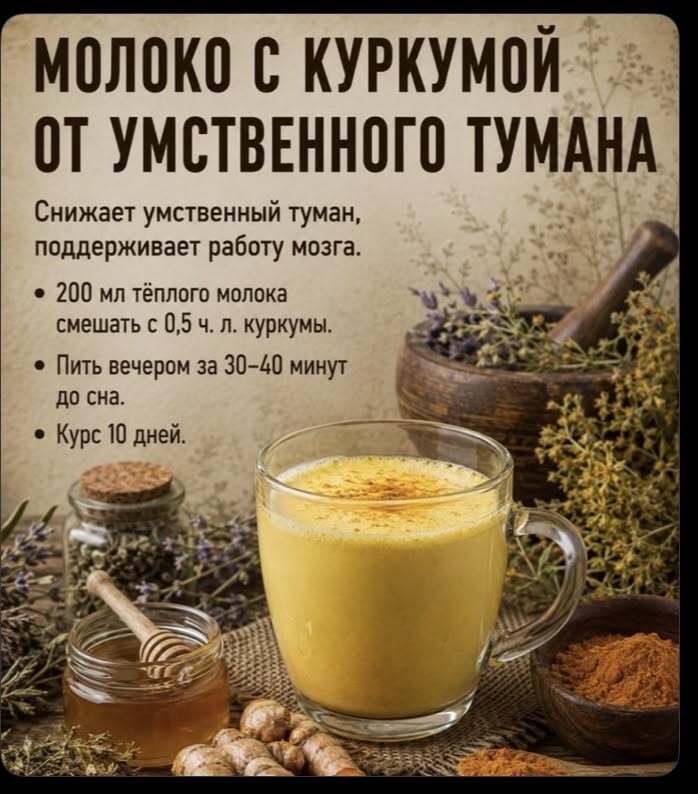 Молоко с куркумой от умственного тумана. Поддерживает работу мозга.