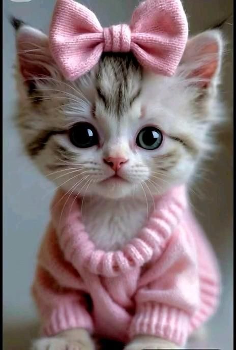 Открытка про кошек, котиков. a kitten wearing a pink sweater and bow tie