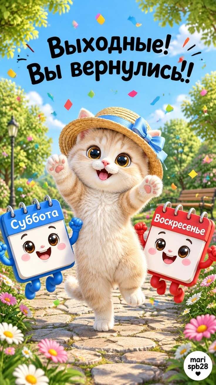 Открытка отличных выходных. Котик в шляпке. Выходные! Вы вернулись!