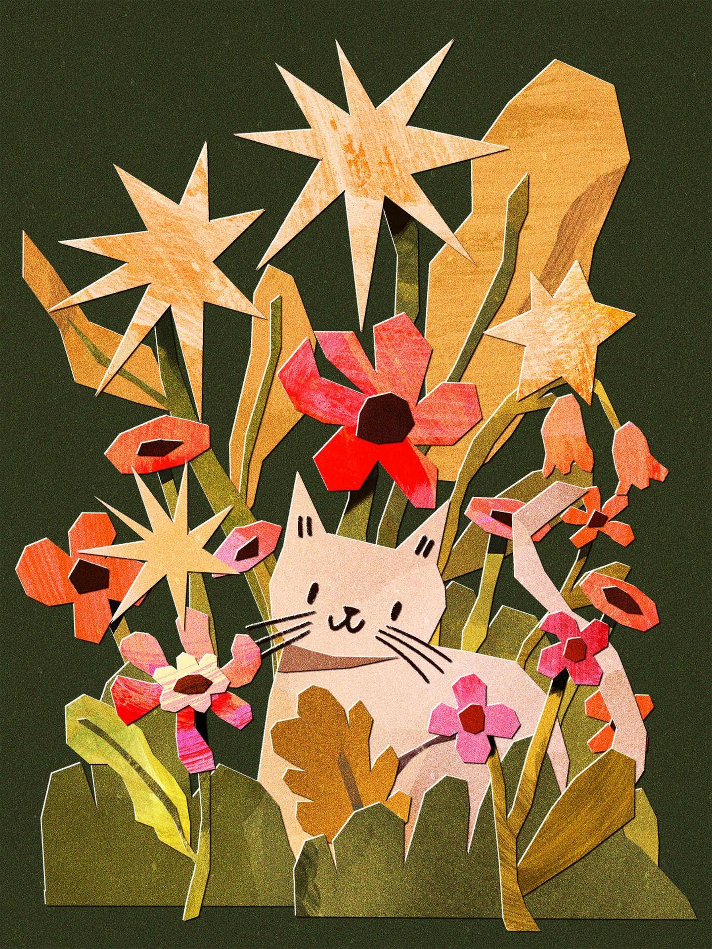 Открытка с Днем рождения с котиками. A little kitty in flowers!!! The best thing!!! a paper cut out of a cat surrounded by flowers and star shaped stars on a green background